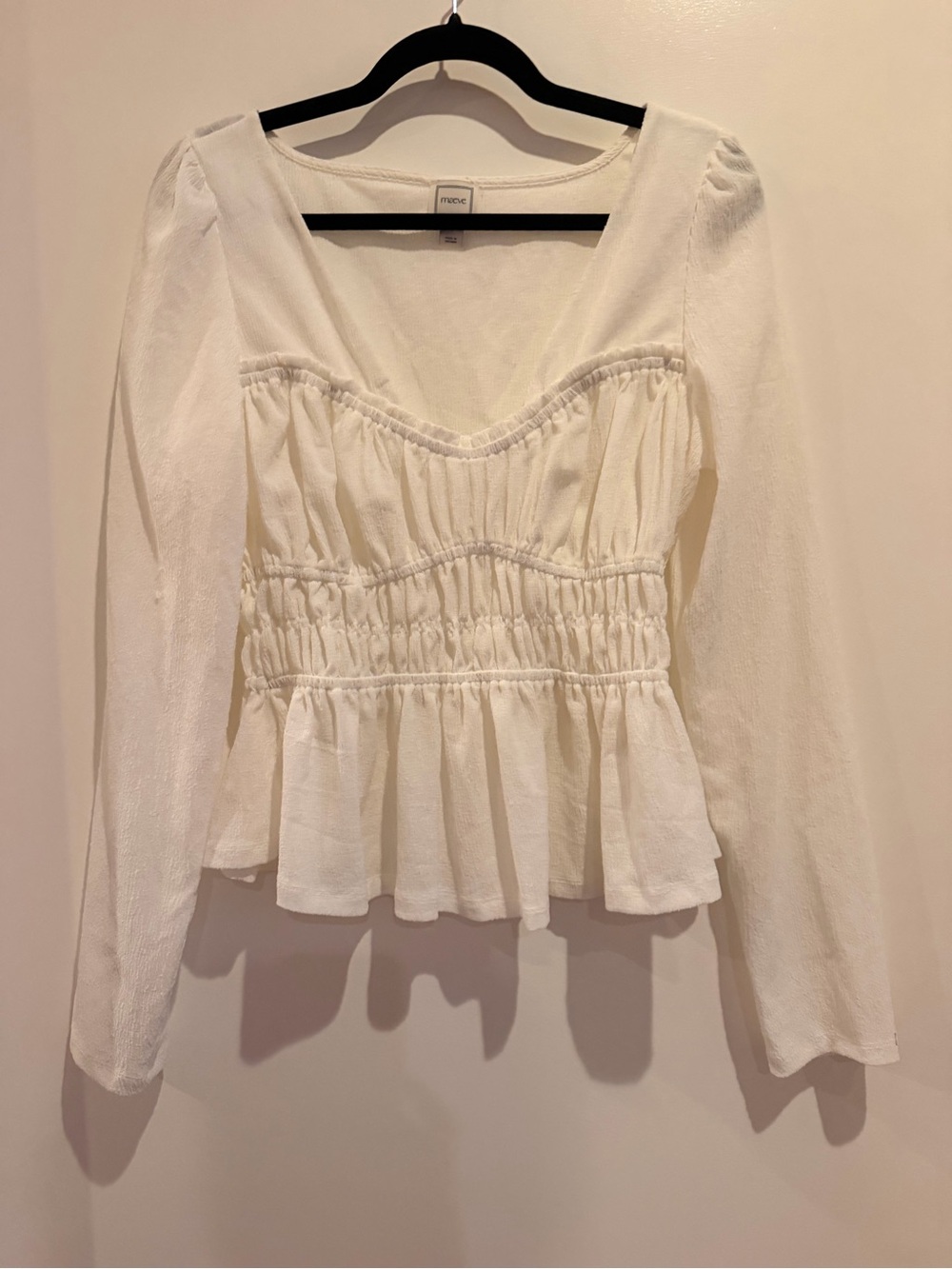 Anthropologie White Smocked Peplum Long Sleeve Blouse